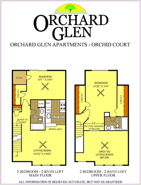 floor plan, 2-bedroom, 2 bathroom, 2nd-level upper level, stairs to main floor, loft apartment with kitchen living room bedrooms bathrooms orchard glen apartments